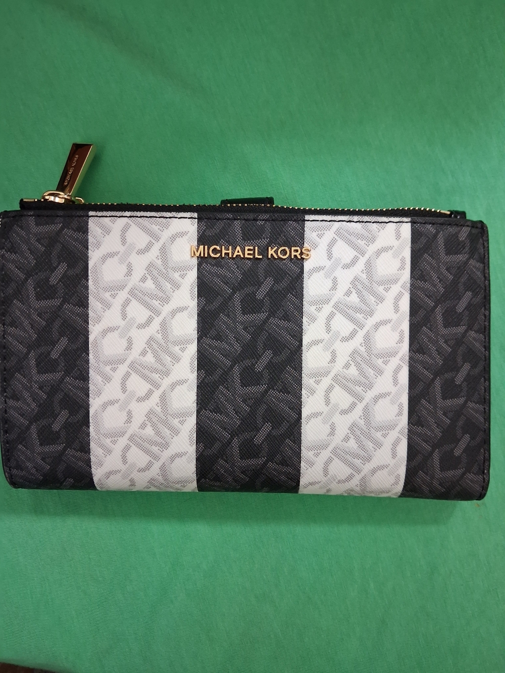 Michael Kors Womans Striped Logo Zip Wallet - Black & White